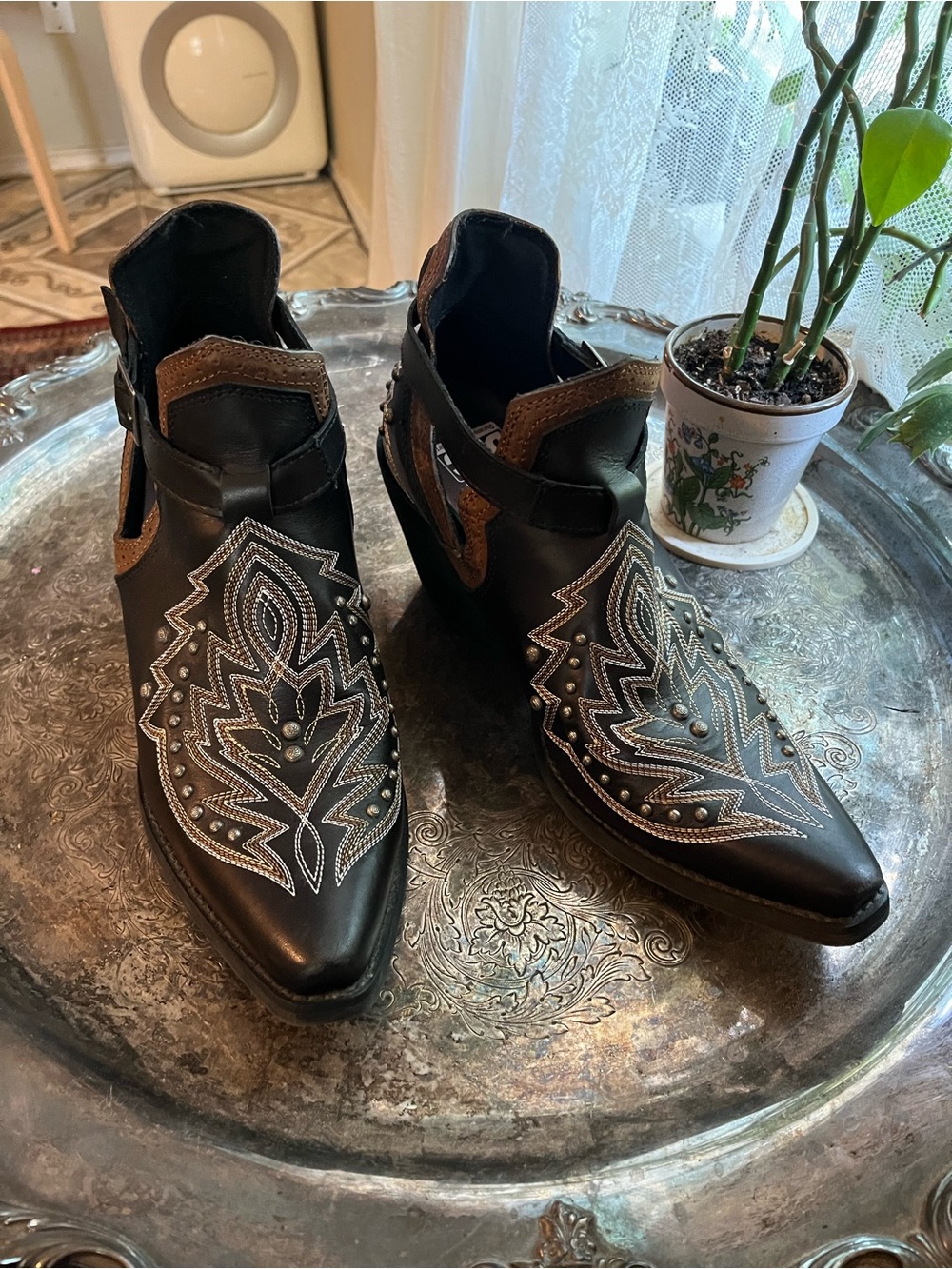 Durango Black Western Ankle Boots with Brown Trim and Silver Studs
